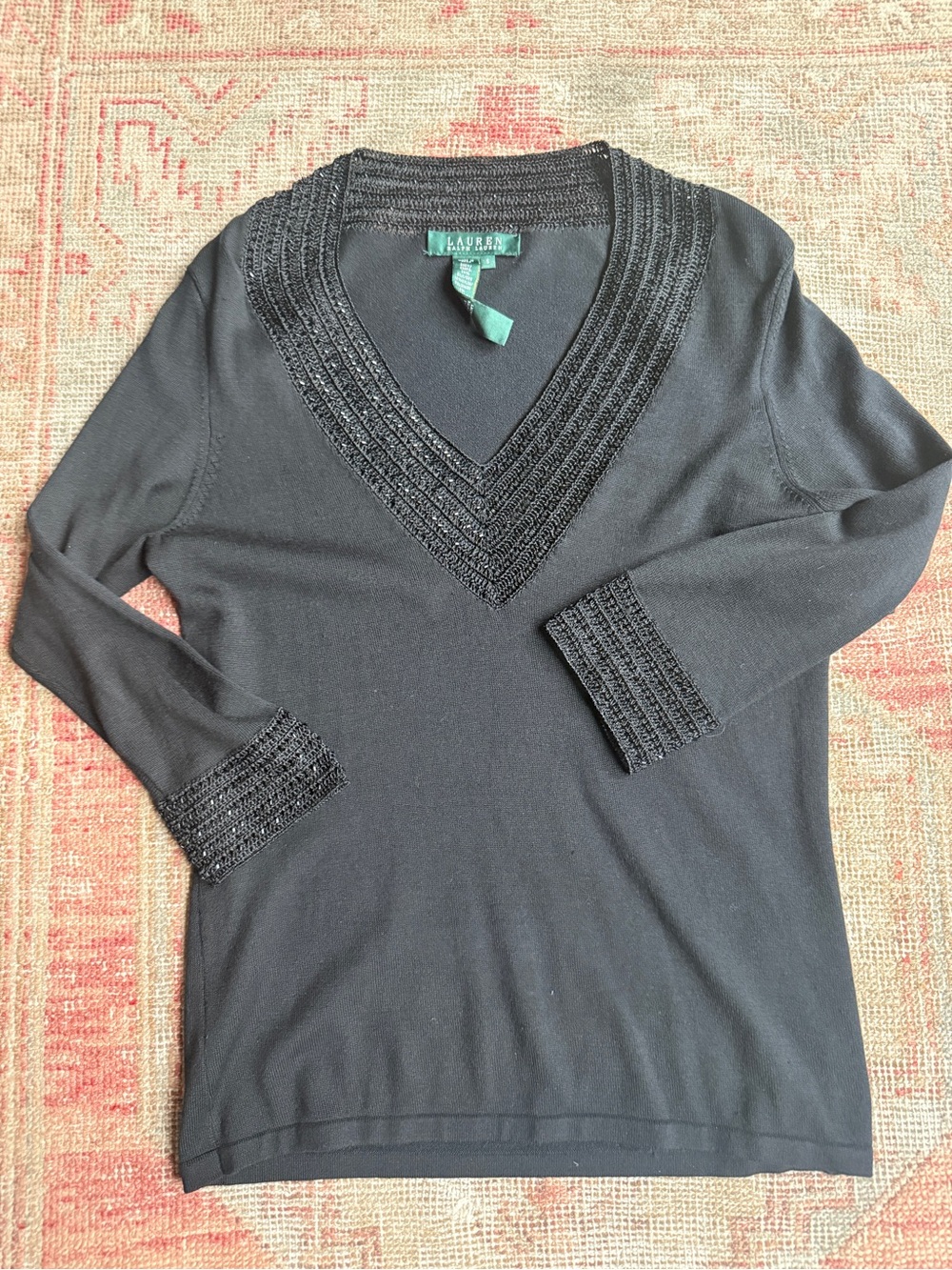 Ralph Lauren Black V-Neck Knit Sweater with Textured Trim